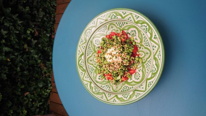 burrata, tomato, broad bean sald with herb salsa and toasted pine nuts.JPG