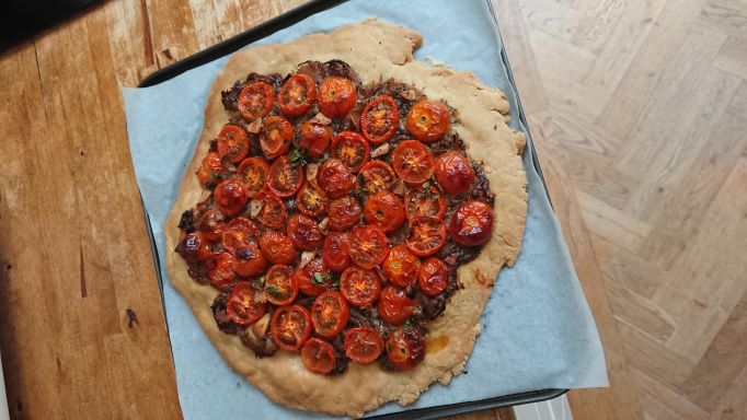 Tomato and shallot tart with olive oil pastry.JPG